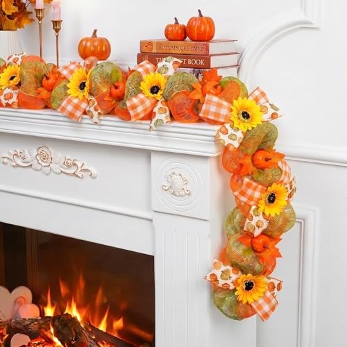 Sunflower Garland for Mantel & Fireplace - Fall Decor, 6ft, Pumpkin & Autumn Leaves, Variation CR26034S