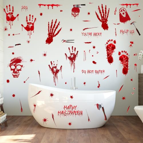 Halloween Window Clings Set - Bloody Handprint & Footprint Stickers, 9 Sheets, A-9PCS