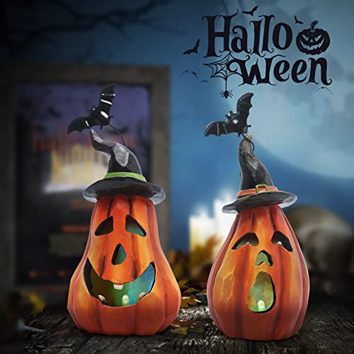 Hodao Halloween Pumpkin Figurines - Orange Jack-o'-Lantern Decor Set with Light-Up Faces