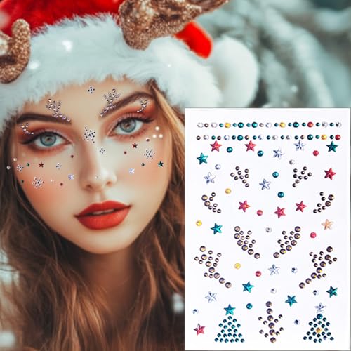 Christmas Face Gems with Snowflake, Tree & Elk Variations, Self-Adhesive Face Jewels for Makeup & Raves