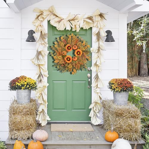Fall Eucalyptus Wreath with Pumpkin Sunflowers & Leaves - 24 Inch Orange