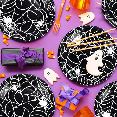 Umigy 100PCS 7-Inch Halloween Spider Web Paper Plates - Black, Disposable Party Tableware