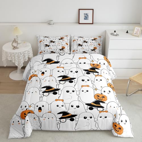 Halloween Cartoon Ghost Comforter Set Twin Black Orange White with Pumpkin Lantern & Witch Hat Variation of THIS listing