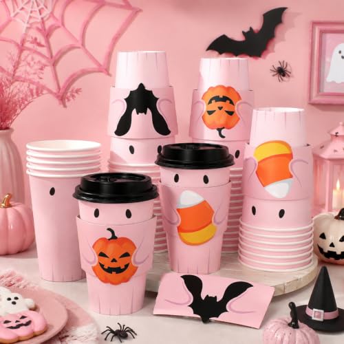 Disposable Coffee Cups with Lids & Sleeves - Pink Ghost Halloween 16 Oz - Pack of 60
