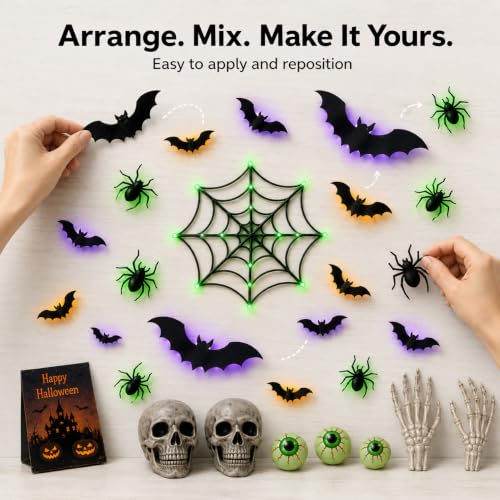 Halloween 41-Piece Light-Up Bat & Spiders Wall Decor Kit with Glow Effects
