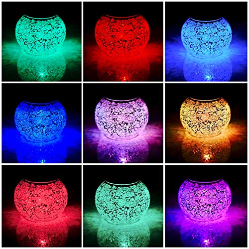 Solar Powered Color Changing Mosaic Glass Table Lamp Waterproof Night Light - White, Crackle Glass