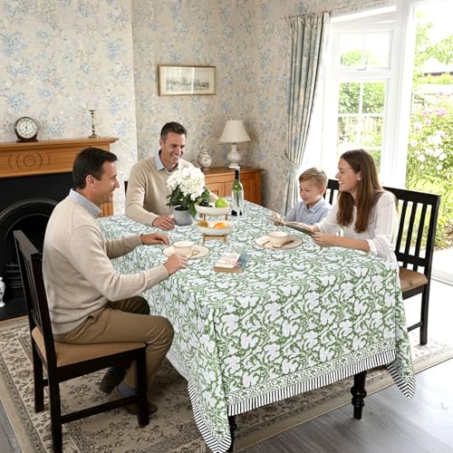 Ridhi Sage Green Hand Block Print Cotton Rectangular Tablecloth 108 x 60 Inches - Elegant Dining Decor