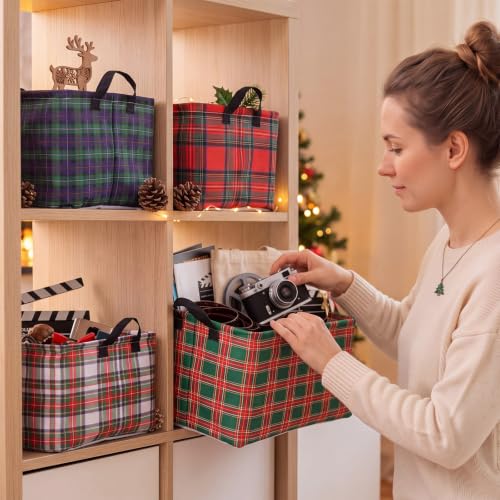 Christmas Plaid Storage Baskets Set - Collapsible Gift Bins with Handles - 4 Styles, Durable Waterproof Polyester
