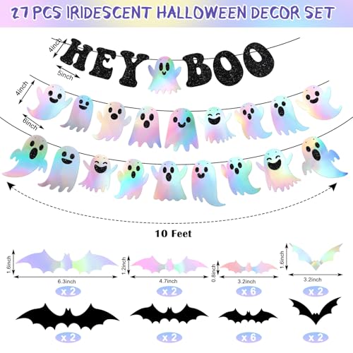 Halloween Iridescent Banner Set with Ghost & Bat Decorations - Black Glitter Hey Boo