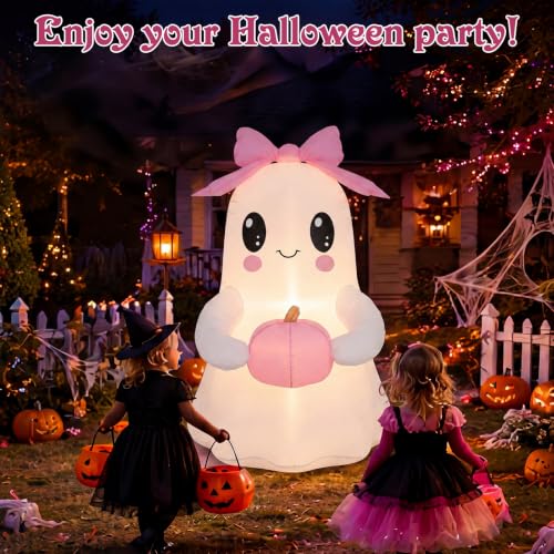 6 ft Pink Bow Inflatable Ghost Halloween Yard Decoration with LED Lights - Outdoor Friendly