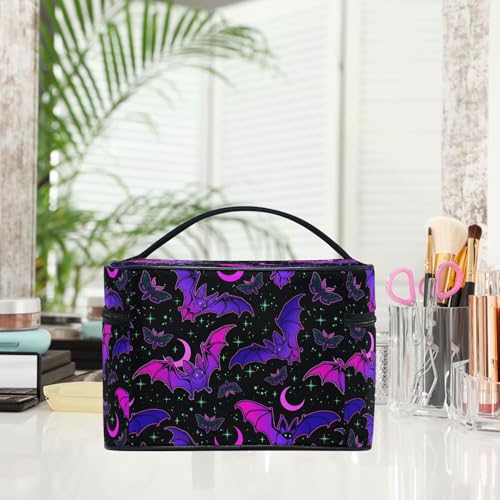 Skulls Purple Bat Gothic Makeup Bag - Large Travel Cosmetic Organizer for Women & Teens