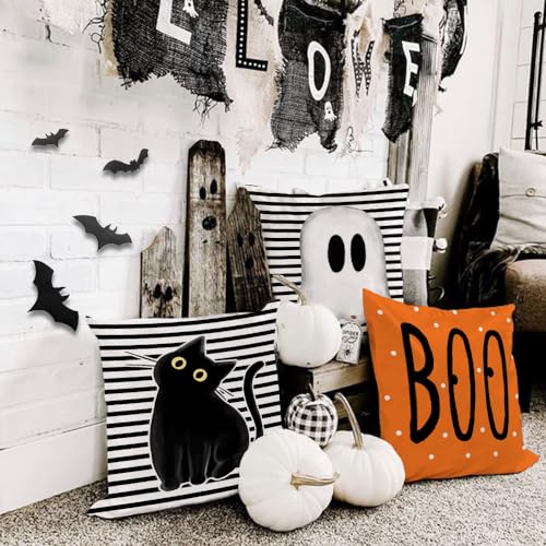 Multicolor Halloween Pillow Covers 18x18 Inch Set of 4 Ghost and Cat Decor