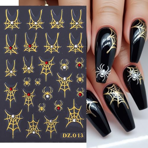 Halloween Nail Stickers 3D Self-Adhesive Nail Decals Love Spider Web - Gold Black White Rainbow, 5 Sheets