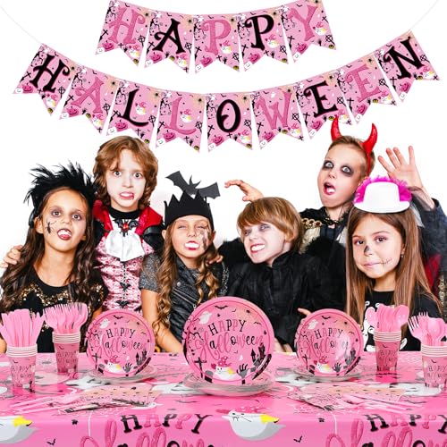 Pink Halloween Party Supplies Dinnerware Set for 24 Guests - Plates Cups Napkins