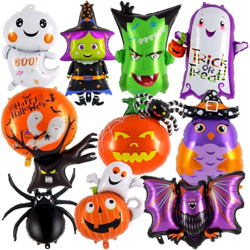 Halloween Foil Balloon Set - Ghost Pumpkin Witch Bat Monster 10 Pcs Party Decorations