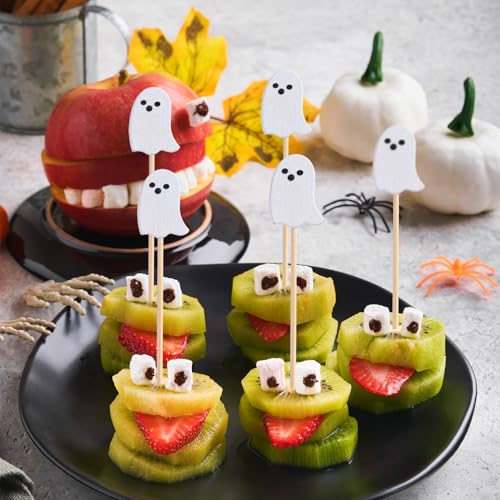 Halloween Ghost Cocktail Picks - 100 Natural Bamboo Toothpicks for Appetizers & Decorations