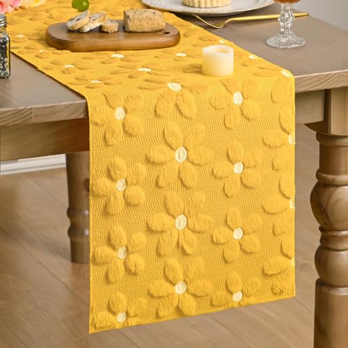 Yellow Soft Plush Faux Fur Jacquard Embroidery Daisy Table Runner 13x60 Inches — Kitchen Dining Decor