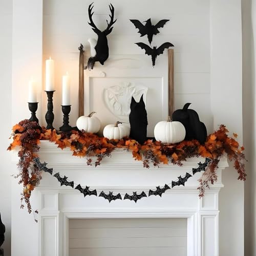 Black Glitter Bat Garland Banner for Halloween Party Decorations - Variation: Glitter-Black