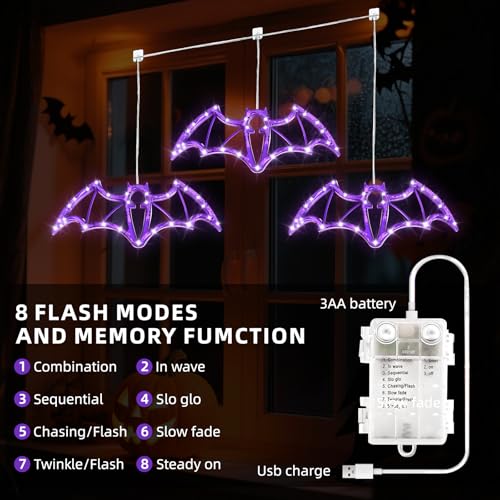 Halloween Hanging Window Lights - Purple Bat LED String Lights, 36 LEDs, USB & Battery Powered, with 6-Hour Timer - Variation: Purple / 36LED