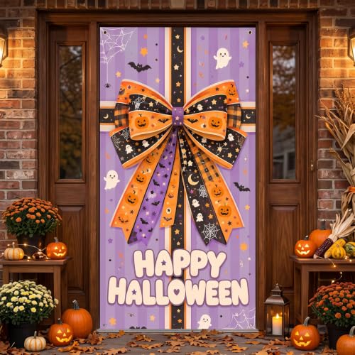 Halloween Door Cover Banner with Gift Bow Design - 70.8 x 35.4 in for Party & Home Decor