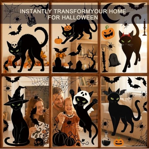 Halloween Window Clings Black Cat Decals Set - 6 Sheets, 50 Pcs Spooky Decor