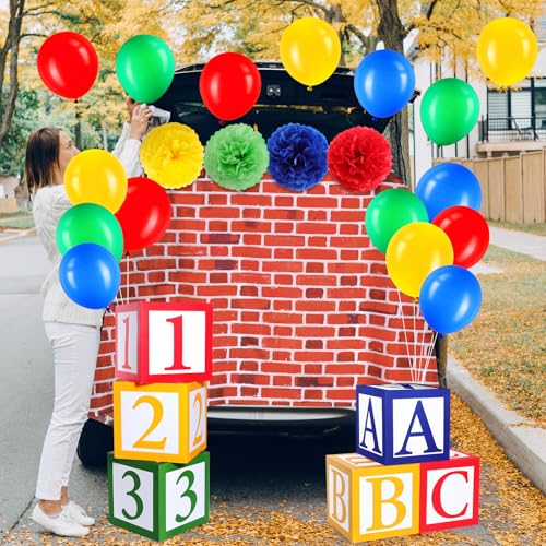 Halloween Trunk or Treat Car Decor Set with Brick Backdrop, ABC Boxes, Balloons & Flowers