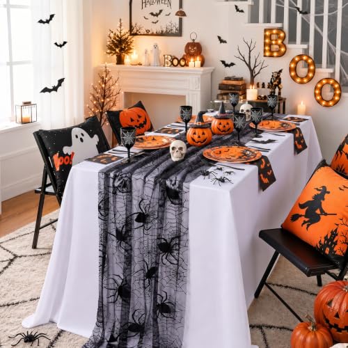 Halloween Table Runner Black Lace Spider Web Spooky Decor 29x120 - Variation of Black Spiderweb