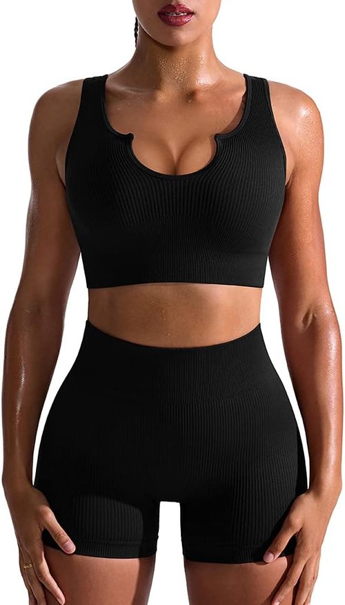 OQQ Seamless Ribbed Workout Set for Women - High Waist Leggings & Sports Bra | 2-Piece Exercise Outfit