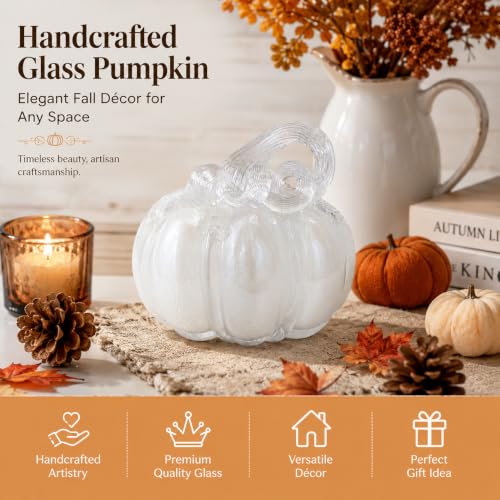 White Glass Pumpkin Decor - Fall Halloween Table Centerpiece - 5.5 Inch