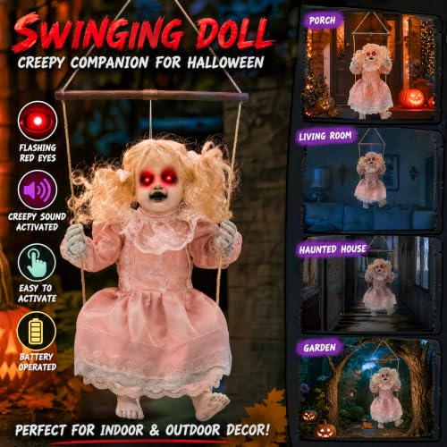 Halloween Animatronic Hanging Girl Decor - Lighted Eyes, Creepy Sounds, Indoor & Outdoor
