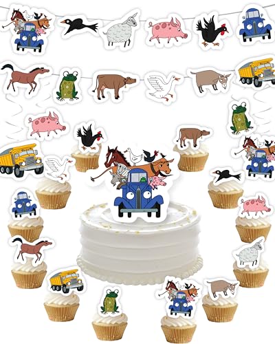 Farm Animal Cake Topper and Cupcake Toppers Set - Blue Truck Birthday Decorations, 42 Pieces