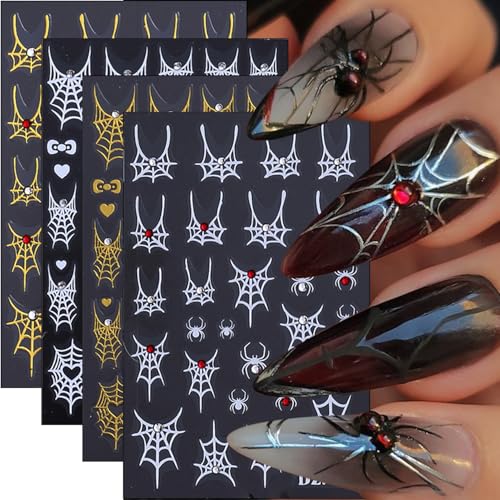Halloween Nail Art Stickers Decals with Rhinestones - 4 Sheets with Spider Web & Goth Design - Variation 19