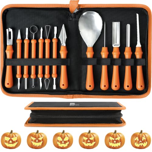 Pumpkin Carving Kit with 13 Heavy Duty Stainless Steel Tools & 18 Halloween Stencil Designs