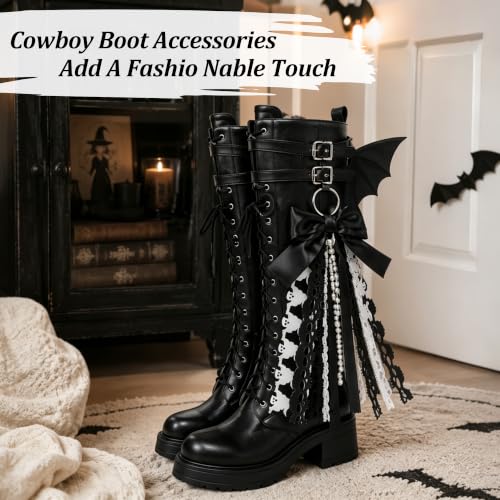 Halloween Cowgirl Boot Decorations, Black Satin Bow & Skull Ghost Ribbons - 2 Pcs