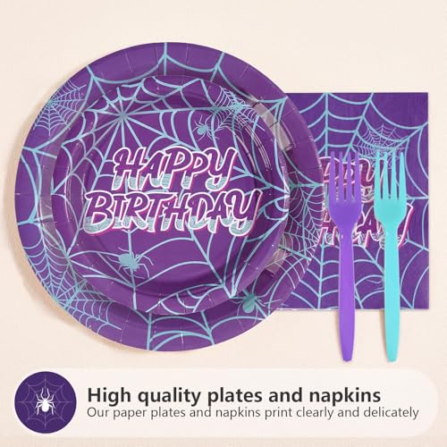 Purple Spider 5th Birthday Party Supplies Set for Kids - Serves 24, Includes Plates, Napkins, Forks
