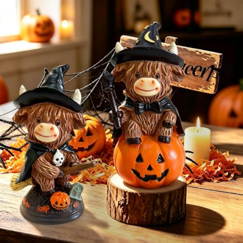 Halloween Highland Cow Figurines Set - Farmhouse Fall Decor, Rustic & Festive