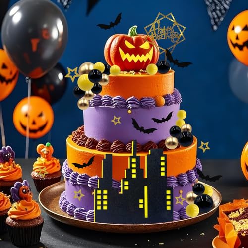 Halloween Bat Cake Toppers Set - Glitter Bats, Stars & Ball Picks for Birthday & Party Decorations