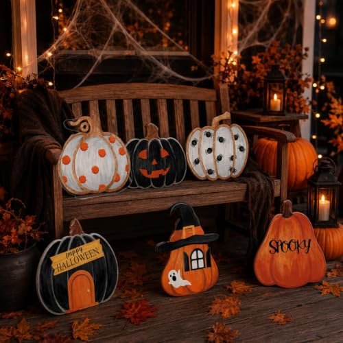 6-Pack Halloween Wooden Porch Signs Pumpkin Ghost Spider Spooky Decorations