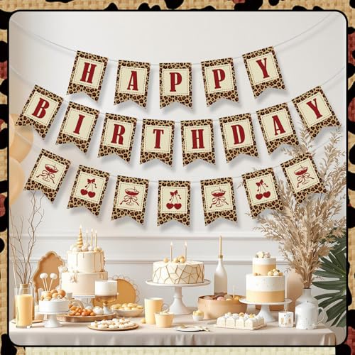 Cheetah Print Linen Birthday Banner with Cherry Accents - Party Decorations Set