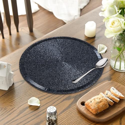 13 Inch Beaded Placemat Charger Navy - Handmade Set of 2 for Dining Table Decor