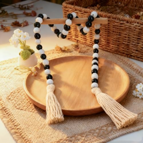 Halloween Wooden Bead Garland - Black & White Rustic Xmas Decor, 39 Inch
