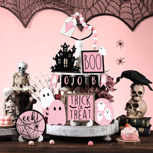 Pink Ghost Halloween Tiered Tray Decor Set - 15 Pcs Blush Pink Ghost & Boo Signs