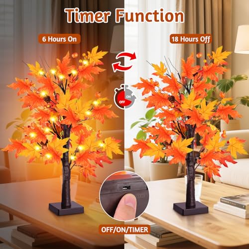 2 Pack 24-Inch Lighted Artificial Maple Trees with LEDs for Fall & Thanksgiving Decor