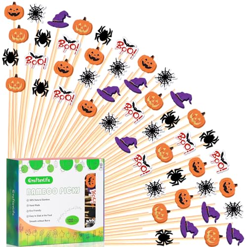 Halloween Cocktail Picks Ghost Pumpkin Spider Boo Bat Theme Decor - 100pcs - Crafterlife