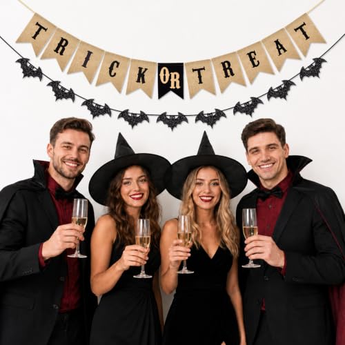 Halloween Trick or Treat Banner & Bat Garland - Burlap & Glitter Decorations