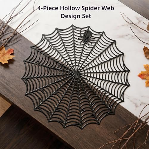 Halloween Spider Web Placemats Set of 4 - Black Round Washable Table Decor