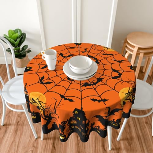 Halloween Round Tablecloth 60 Inch Spooky Pumpkin Cat Web Bat Decor Variation 1
