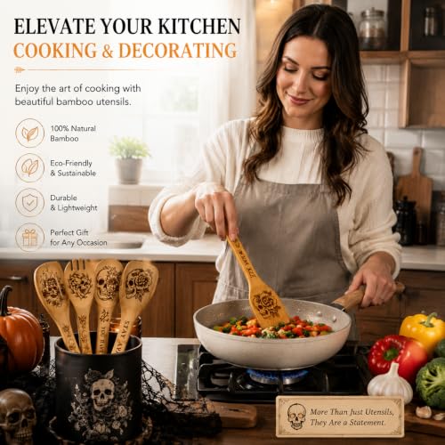Skull Wooden Cooking Spoons Set - Gothic Halloween Kitchen Utensils, 5-Piece