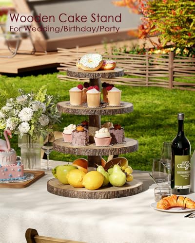Wood Cupcake Stand 4 Tier Roud Rustic Cake Display Holder for Parties