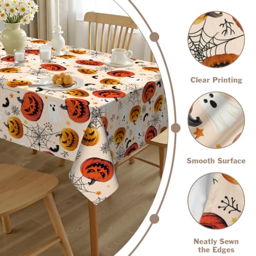 Halloween Tablecloth 60x84 Inch Rectangular Jack-O-Lantern Spider Web Bat Ghost Reusable Washable